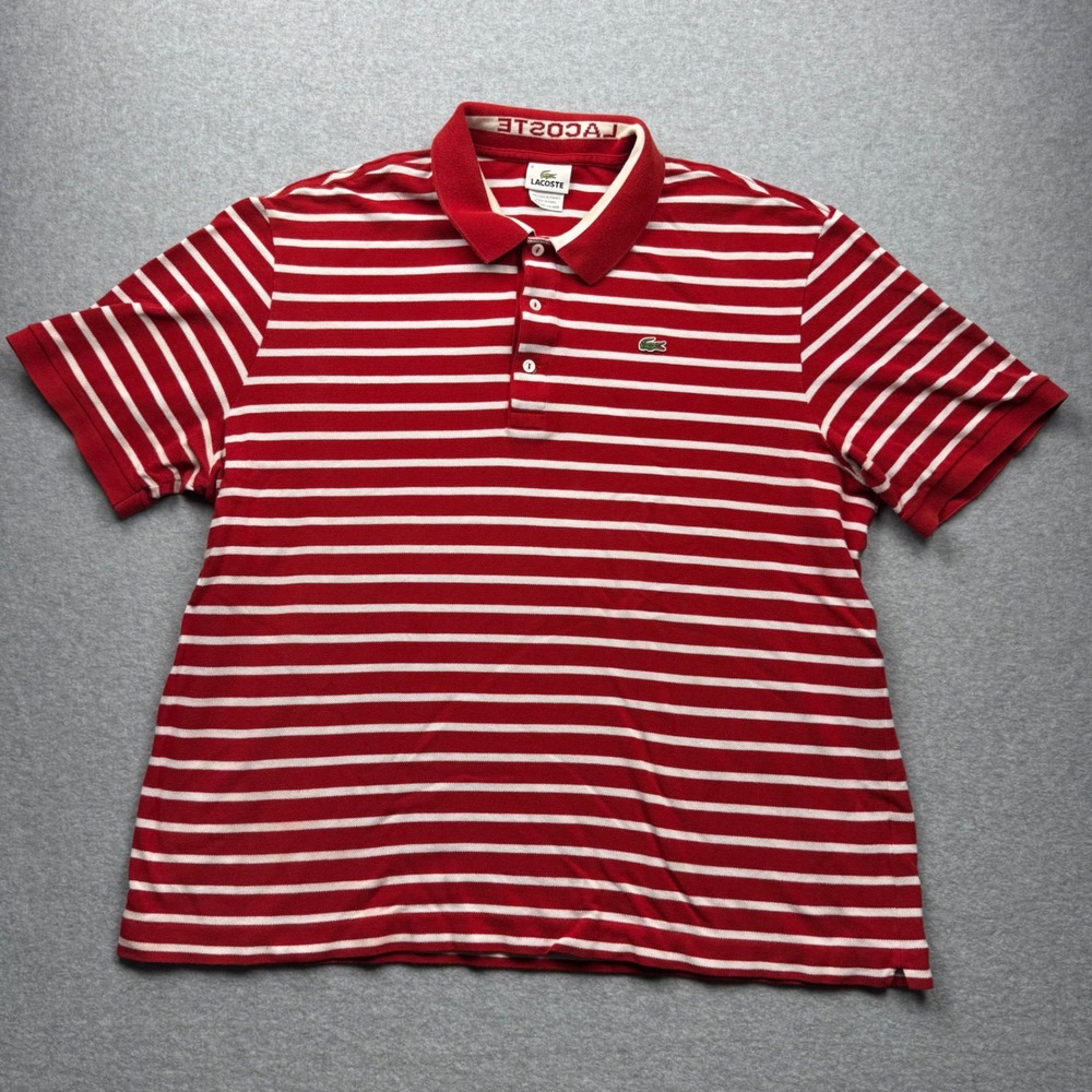 Lacoste Mens Red White Striped Short Sleeve Polo Shirt Size 8 5191L Logo Collar